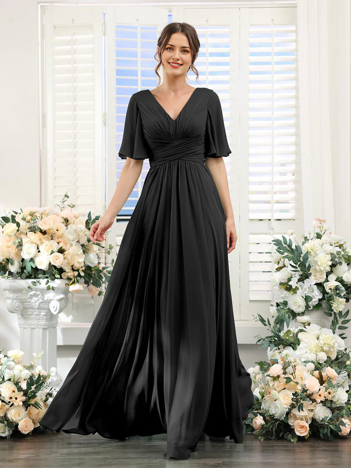 Vestido de dama de honor de manga corta con escote en V y corte A para invitada de boda, largo de gasa, vestido formal de fiesta con abertura